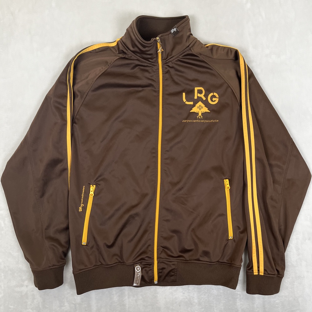 Vintage LRG Track Jacket Mens Large Brown Yellow Full Zip Striped Logo Y2K